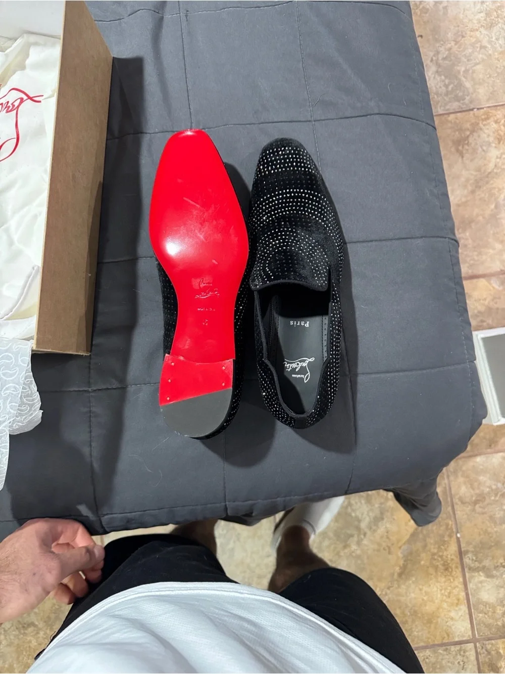 Christian Louboutin Black Suede Crystal-Stud Slip-On Loafers with Red Sole